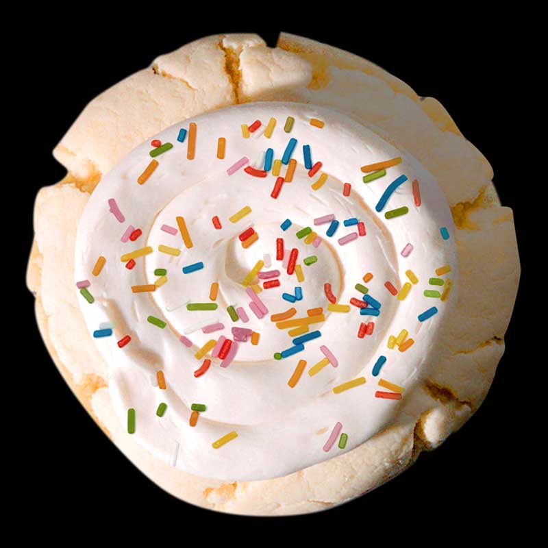 A sugar cookie with white frosting and rainbow sprinkles.