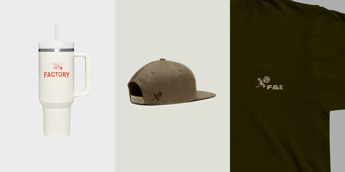 A white tumbler on the left, a brown flat-brim hat in the center, and a black t-shirt with a rose insignia on the right.