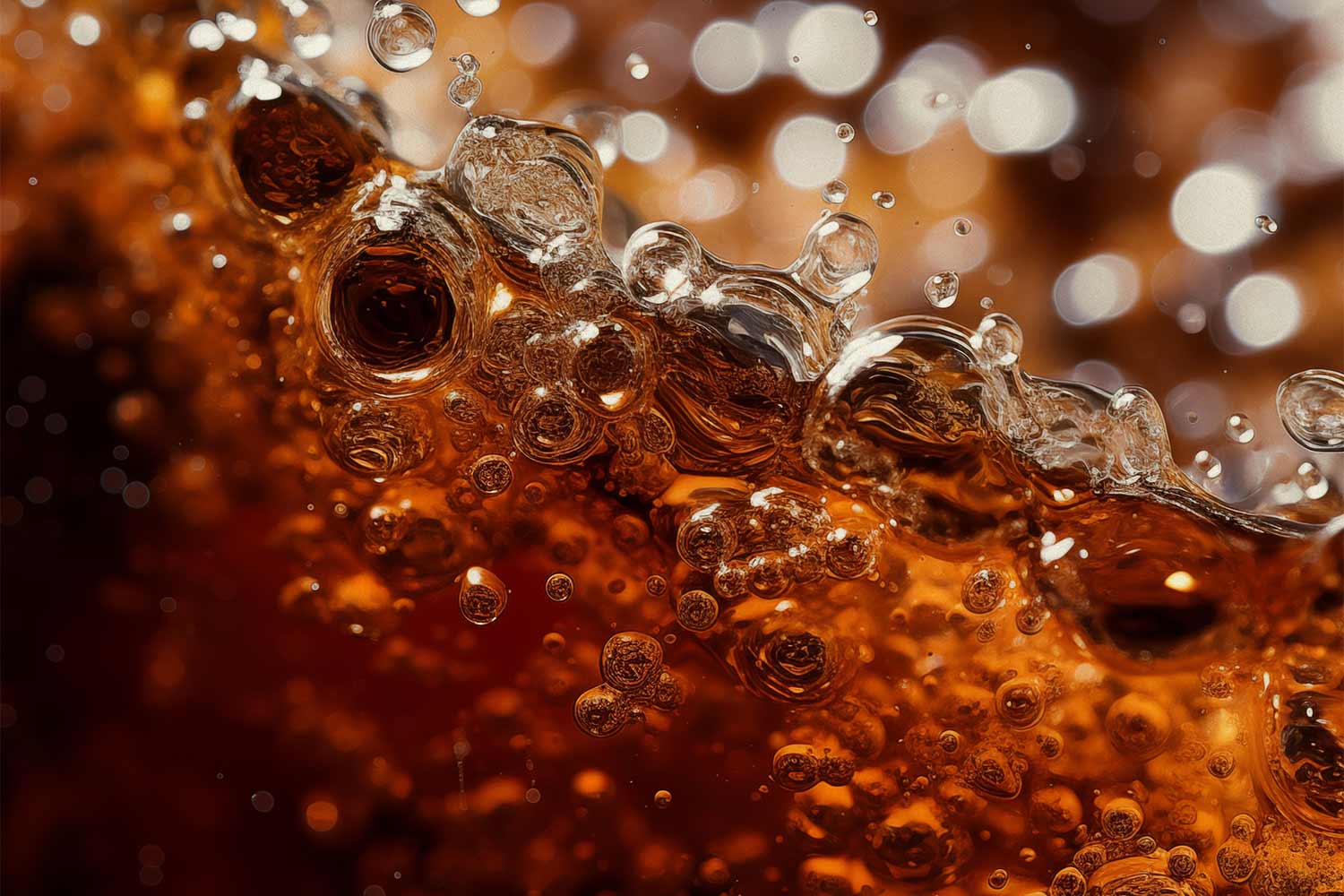A close-up texture of bubbles in a dark brown soda.