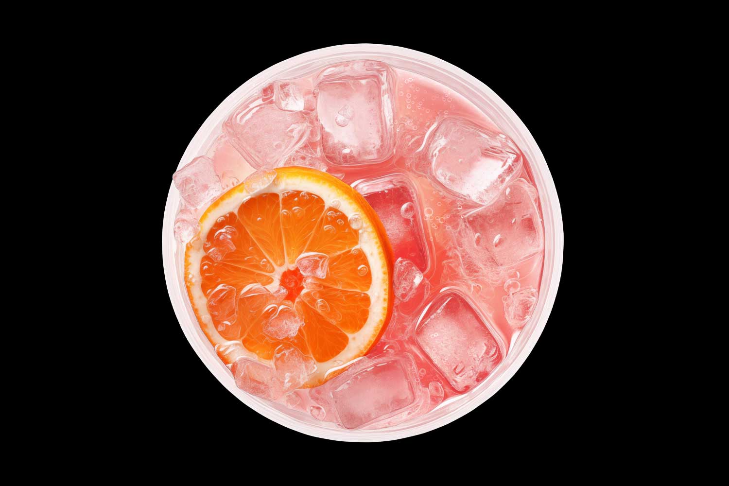 Light pink soda with ice cubes, shot from above on a black background.