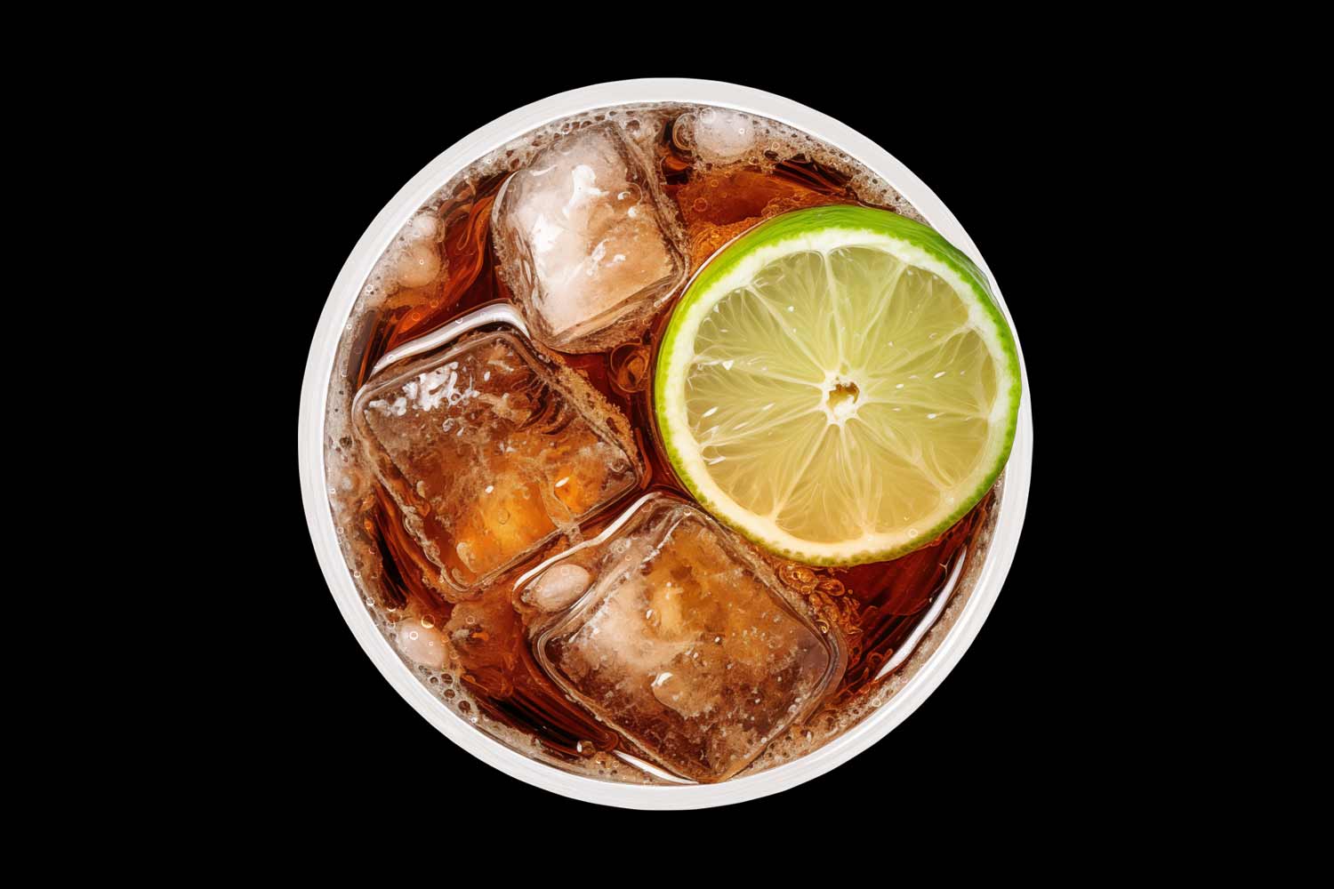 Dark brown soda with ice cubes, shot from above on a black background.